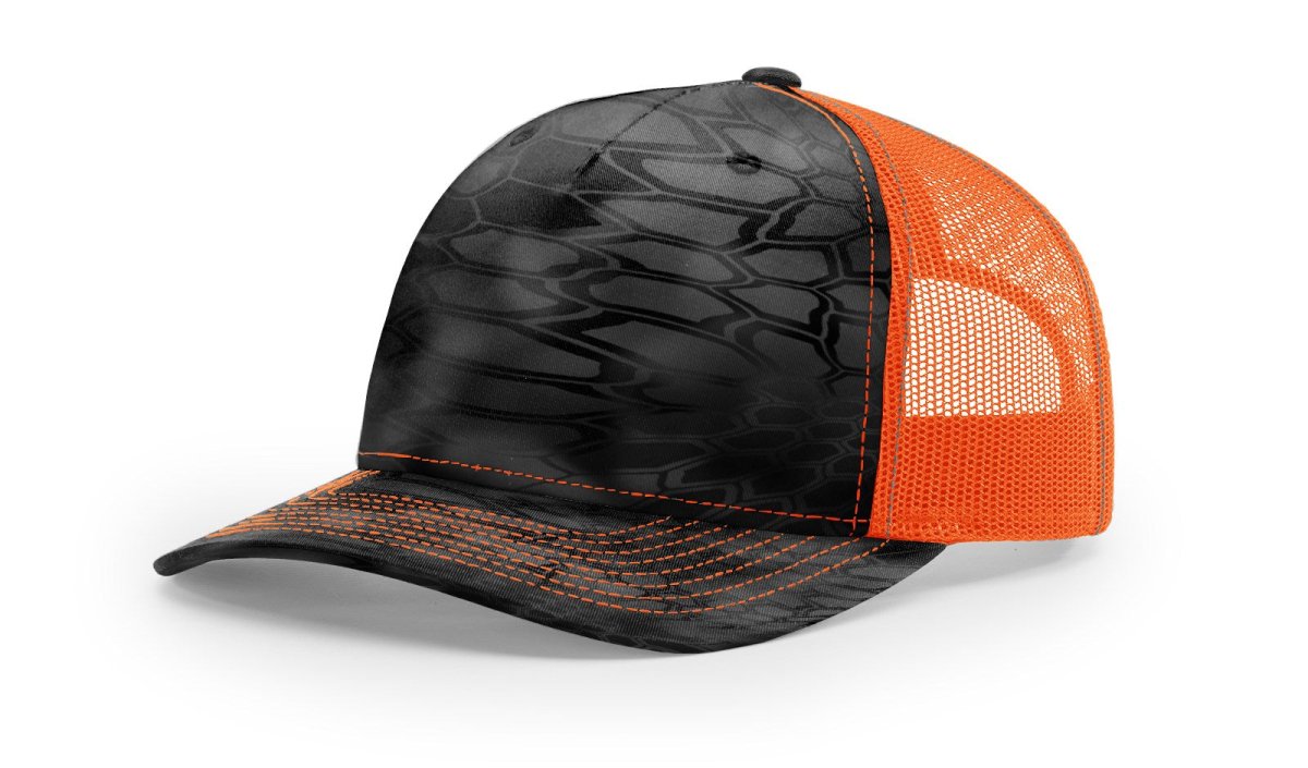 Richardson Five - Panel Printed Trucker Cap - Richardson 112PFP Kryptek Typhon/ Neon Orange Adjustable Caps
