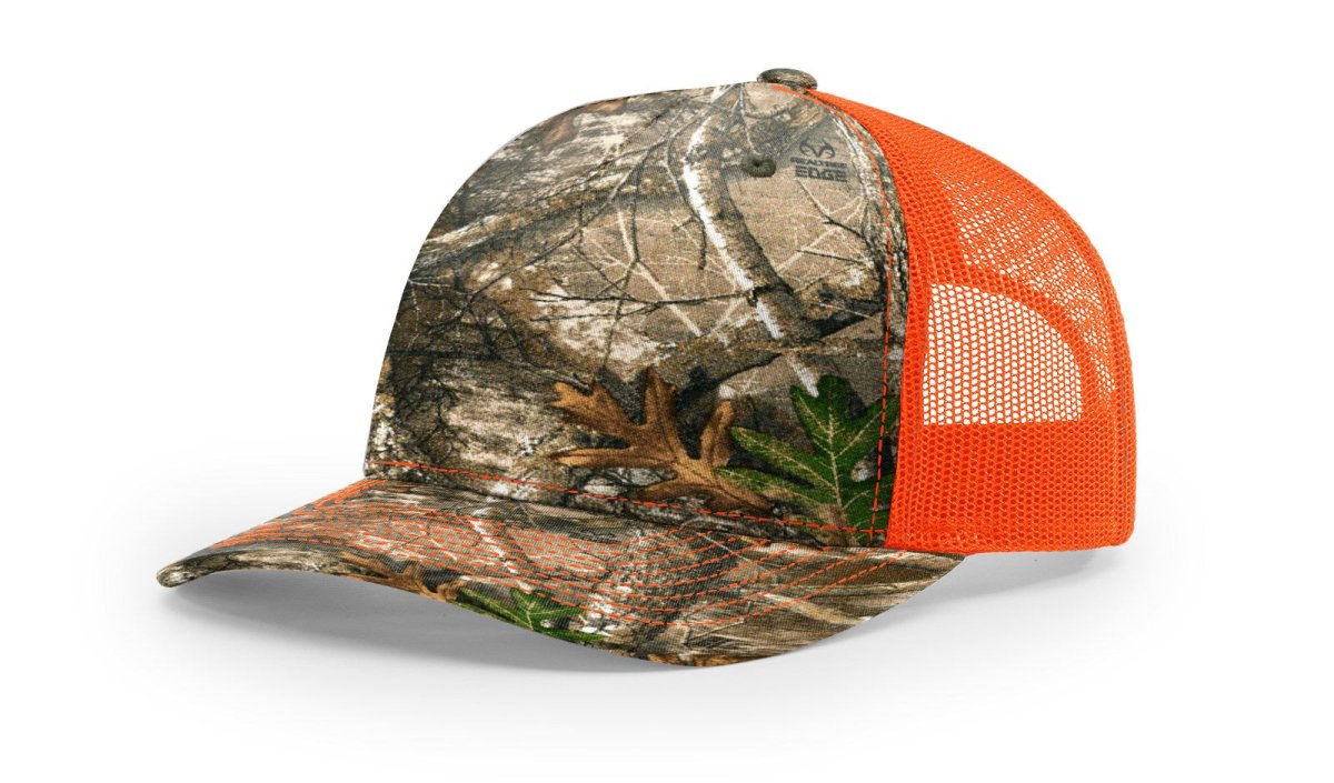 Richardson Five - Panel Printed Trucker Cap - Richardson 112PFP Realtree Edge/ Neon Orange Adjustable Caps