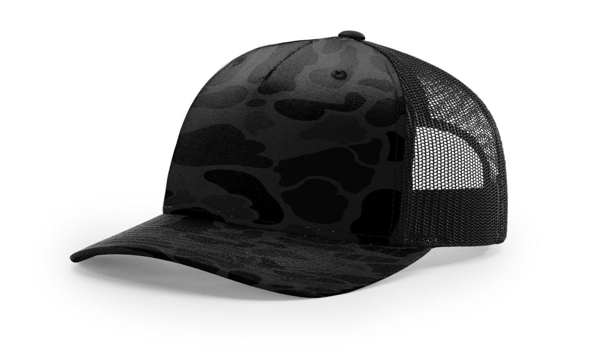 Richardson Five - Panel Printed Trucker Cap - Richardson 112PFP Sable Duck Camo/ Black Adjustable Caps