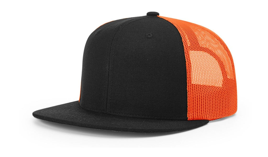 Richardson Wool Blend Flat Bill Trucker Cap - Richardson 511 Black/Neon Orange Adjustable Hats